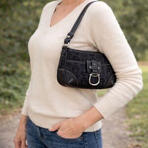 Etienne Aigner Monogram Leather Shoulder Bag – Black Compact Hobo Style